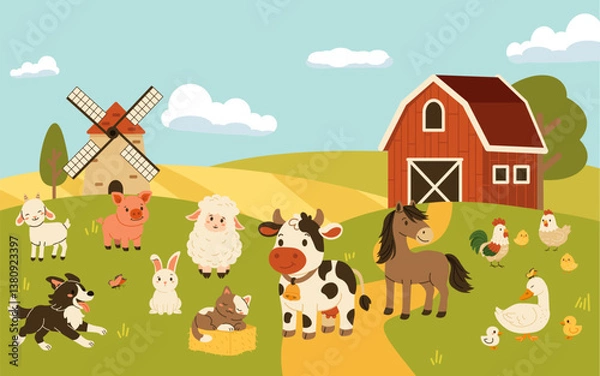 Obraz Flat style illustration of a cheerful farm scene with animals, barn, windmill, and landscape, perfect for childrens designs, educational projects, and nature-themed content