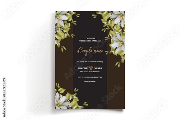 Fototapeta WEDDING INVITATION FRAME WITH FLOWER DECORATIONS AND FRESH LEAVES