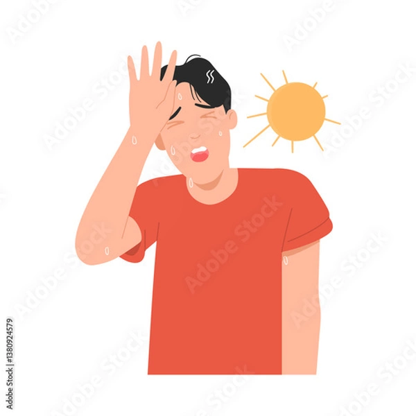 Fototapeta Man feeling dizzy and sweating. Heat symptoms risk sunstroke and heatstroke. High temperature. Vector illustration isolated on white background