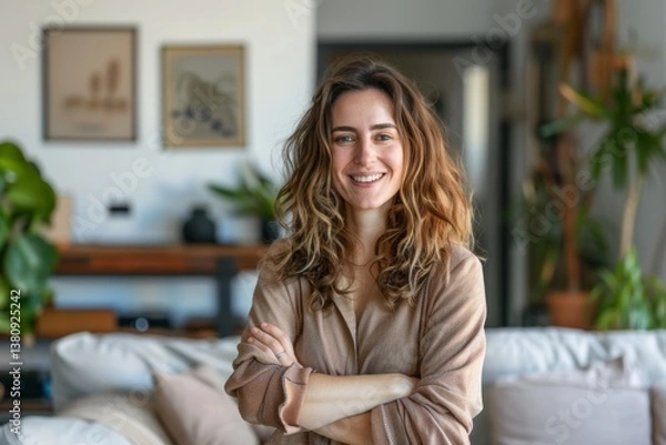 Obraz Portrait of a happy woman in her 40s with arms crossed over crisp minimalistic living room