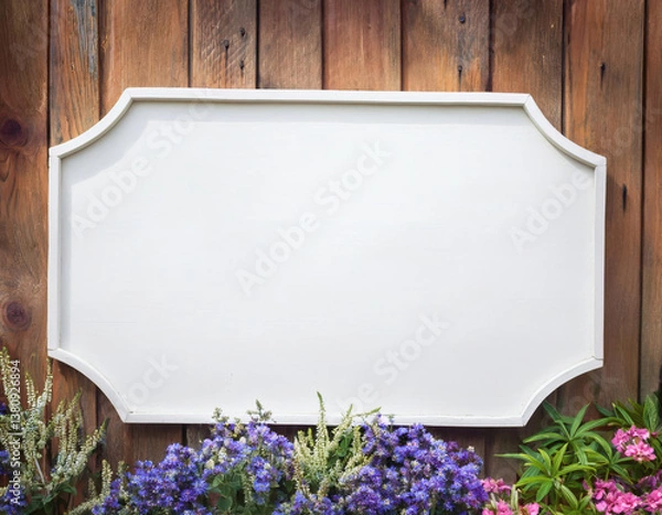 Obraz Blank white rustic wooden rectangle garden sign with floral and wood background. Empty rustic wood board on wooden fence with flowers. Mockup for home, garden, and business display.