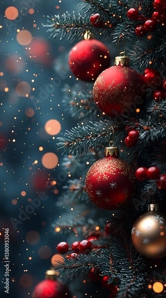 Fototapeta  Festive Christmas Tree with Red and Gold Ornaments, Sparkling Lights, and Falling Snowflakes
