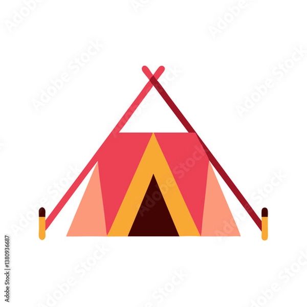 Fototapeta Colorful camping tent in flat style with crossed wooden poles, AI Generation