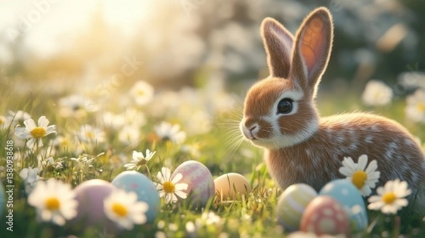 Fototapeta Rabbit Surrounded by Easter Eggs in a Daisy Filled Meadow
