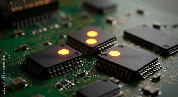 Fototapeta Illuminated Microchips on Green Circuit Board, Macro Focus.