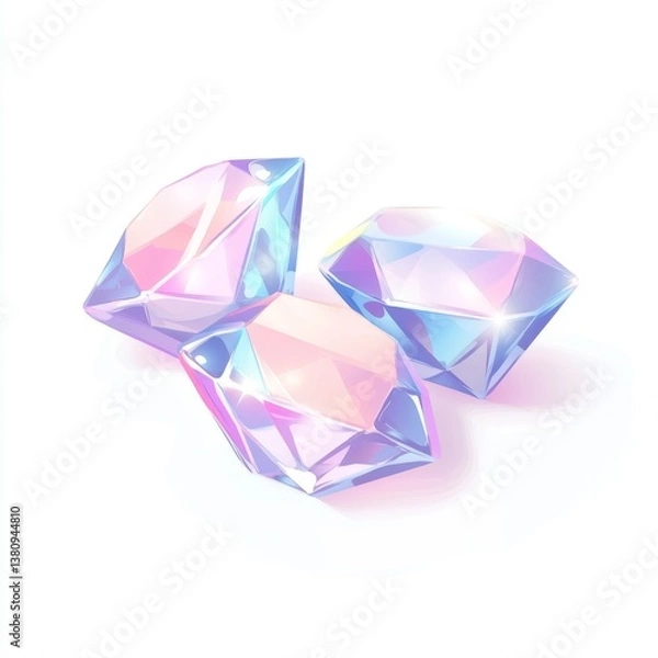 Fototapeta Iridescent gems sparkle on white background, game asset