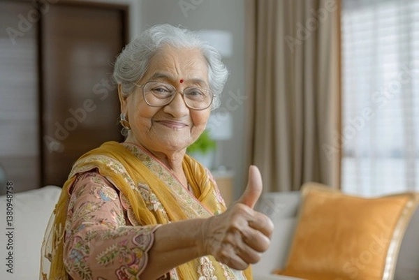 Obraz Portrait of a smiling indian woman in her 80s showing a thumb up on crisp minimalistic living room