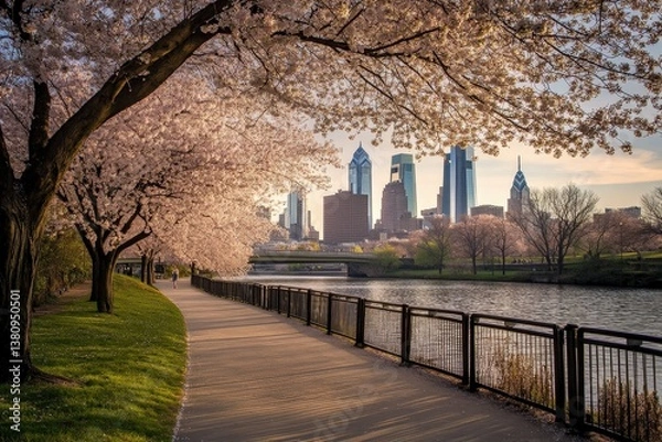 Obraz Philadelphia skyline featuring cherry blossoms in spring