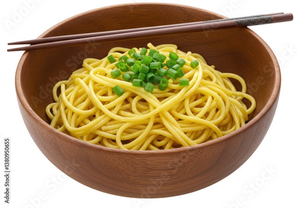 Obraz A bowl of cooked yellow noodles garnished with green onions isolated on transparent background