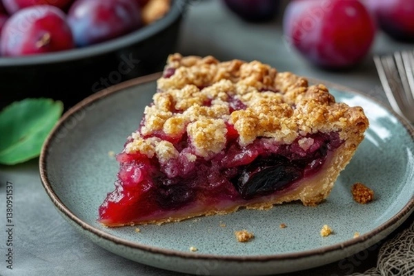 Fototapeta Slice of plum pie on ceramic plate with crumb topping