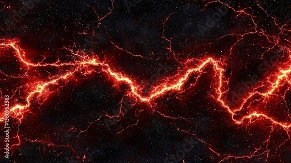 Fototapeta Fiery cracks spread across a dark, space-like surface with intense light