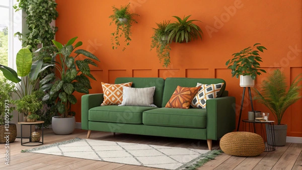 Fototapeta Rustic Living Room with Green Sofa and Vibrant Plants