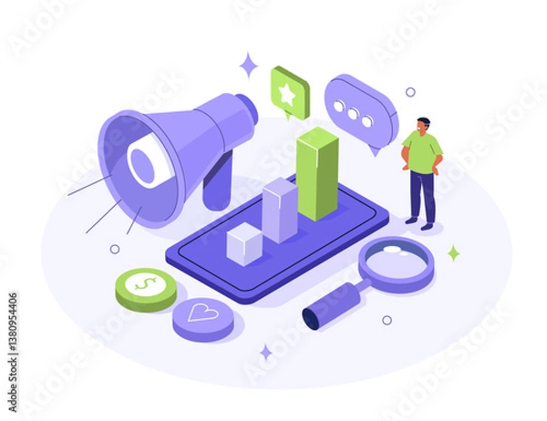 Fototapeta Character working at content creation, analyzing data, communicate with audience. Digital marketing, advertising, promotion concept. Flat isometric vector illustration.
