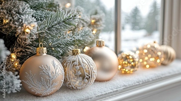 Fototapeta Christmas ornaments decorating a snowy windowsill with a frosted fir tree and lights