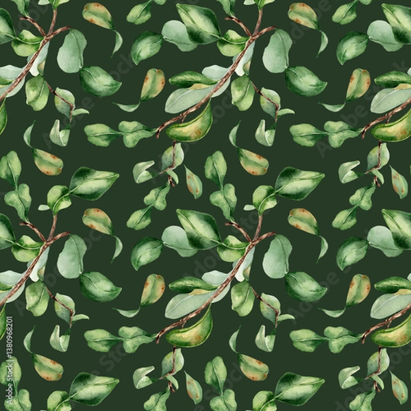 Obraz Citrus tree sprigs with lush green leaves in a seamless watercolor pattern isolated. Repeating bergamot foliage texture for wallpaper, fabric, and organic packaging. Greenery botanical print.