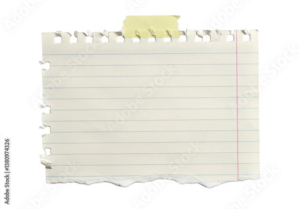Fototapeta A piece of lined notebook paper with torn bottom and top edges isolated on transparent background