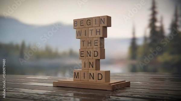 Fototapeta Wooden blocks spelling “Begin With The End In Mind” on a table with a blurred landscape background. Symbolizes goal setting, vision, and purpose-driven action.	