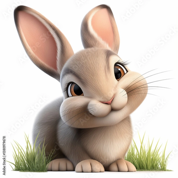 Obraz Happy cute rabbit sitting in grass isolated on white background