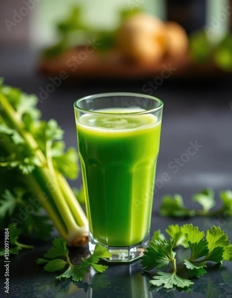 Fototapeta Emerald green celery juice in a glass, fresh and vibrant, studio shot, cleanse