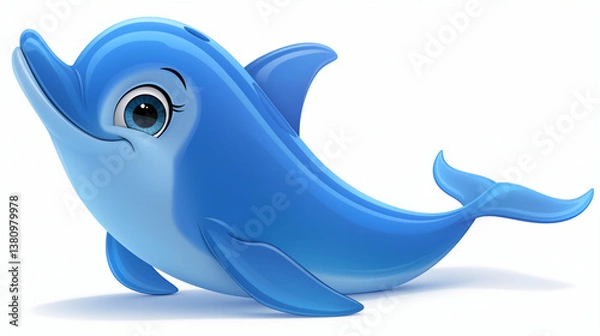 Obraz Cute blue dolphin isolated on plain white background, 3d illustration