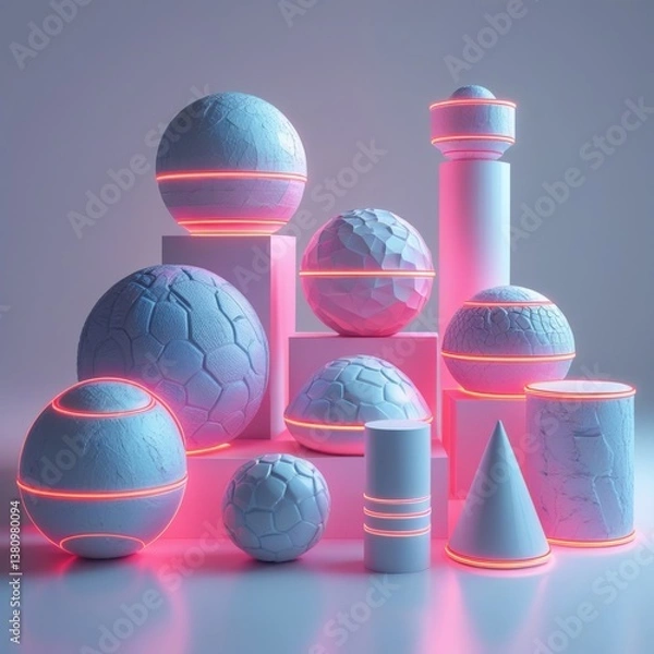 Fototapeta Exploring the interplay of light and geometry with neon accents in 3D shapes Generative AI
