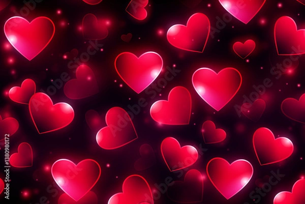 Obraz Red glowing hearts on black, abstract background