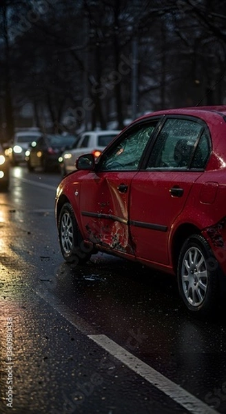 Obraz Damaged cars on a road symbolize the need for liability protection in insurance law.
