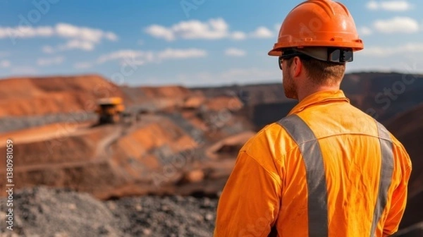 Obraz Ore resource extraction Concept, Engineer Overseeing Mining Operations in Open-Pit Mine with Machinery and Blue Sky at Distant Background