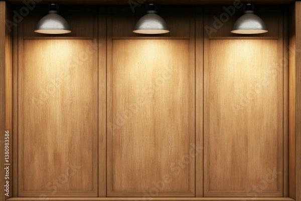Fototapeta Empty wooden showcase with spotlights illuminating panels for displaying products