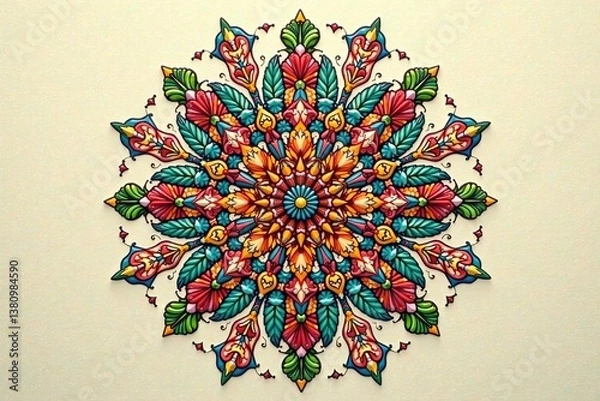 Fototapeta Symmetrical mandala with repeating floral motifs, intricate detail, neutral tones, print, serene, spiritual