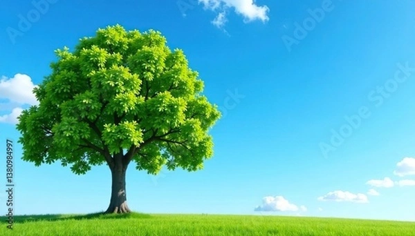 Fototapeta Tree against a bright blue sky with a few wispy clouds, tree, atmosphere, nature