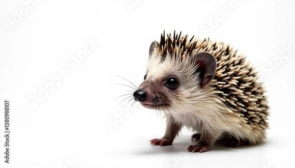 Fototapeta Close-up of a single hedgehog against a stark white backdrop, white, wildlife, nature