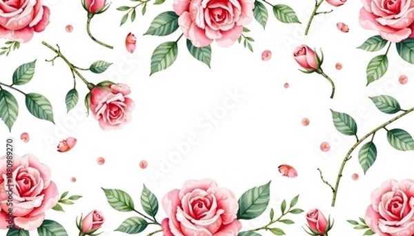Fototapeta Delicate watercolor roses & leaves, repeat pattern, twig, petal