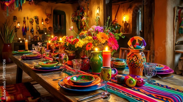Fototapeta Vibrant Festive Table Setting with Colorful Flowers and Candles in Rustic Dining Room