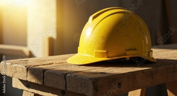 Fototapeta Yellow Safety Helmet on Wooden Table, , Labour, Worker, World Labour Day