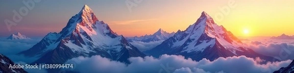 Fototapeta Mountain peak with snow-capped summit and sunrise glow, peak, scenery