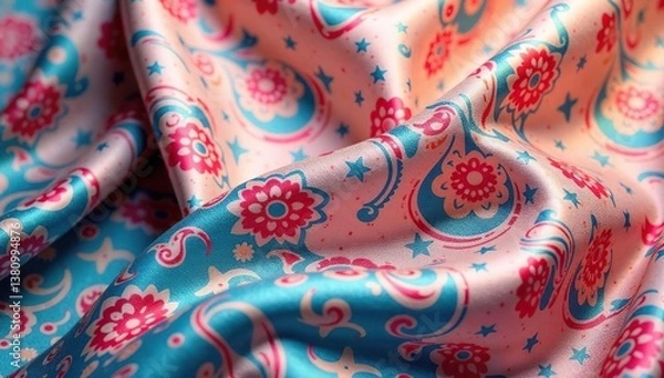 Fototapeta Paisley print, soft muted colors, flowing design on silk-like material , swirl, subtle pattern