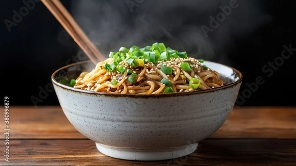 Fototapeta Steaming black bean sauce noodles in a ceramic bowl, garnished with green onions and sesame seeds.