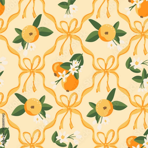 Fototapeta Summer tropical seamless pattern oranges, preppy coquette bow. citrus exotic fruits background