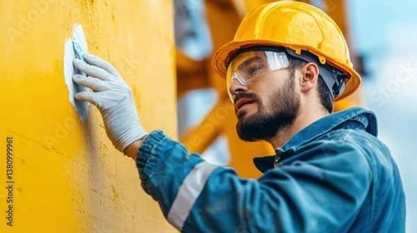 Obraz Overhead crane inspection Concept, Technician Applying Touch-Up Paint to Prevent Corrosion on Industrial Equipment in Bright Yellow Color