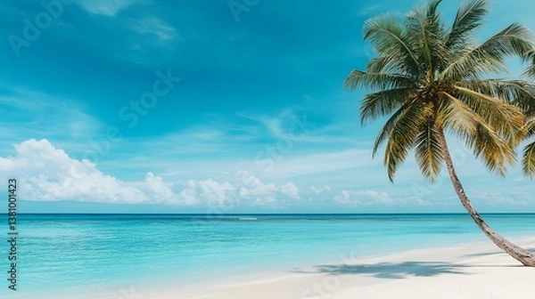Fototapeta Serene Tropical Beach Landscape with Swaying Palm Tree and Bright Blue Sky