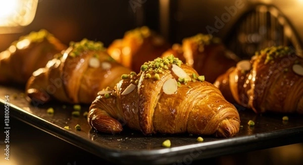 Fototapeta Close-up shot of golden, flaky croissants with a glossy caramelized honey glaze baking in a professional oven, topped with roasted almonds and crushed pistachios, deep golden hues