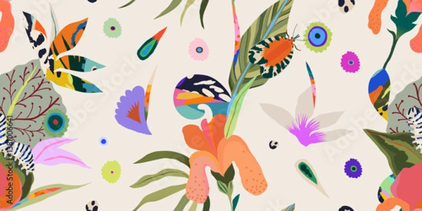 Obraz Cute hand drawn flower garden abstract pattern. Dynamic botanical print. Unique fashionable template for design. 