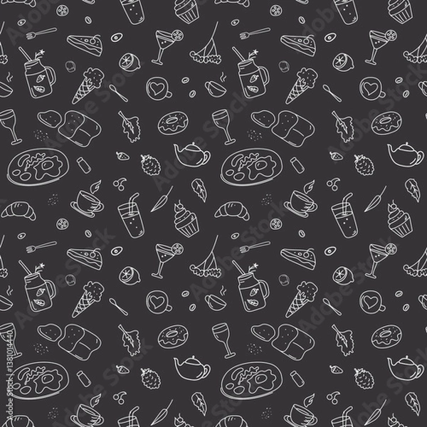 Fototapeta Seamless monochrome pattern with various food and drinks. Hand drawn texture for menu, packaging or cafe. Breakfast, teapot, ice cream and others food on blackboard.