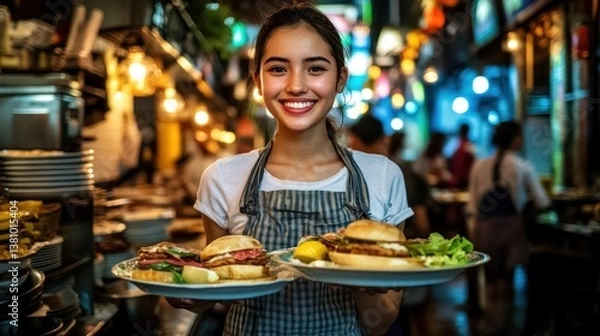 Fototapeta Smiling server holding plates of delicious burgers.  A vibrant street food scene in the background