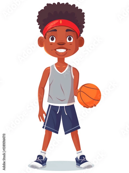 Fototapeta A boy wearing a red headband, gray tank top and blue shorts holds a basketball.