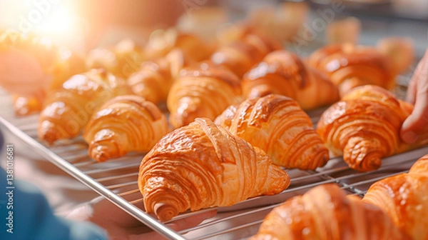 Fototapeta A tray full of freshly baked croissants, golden and crispy, captured in warm, soft light. The image highlights the texture and shine of the croissants