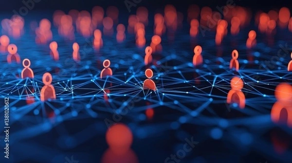 Fototapeta Stakeholder concept. Digital network connecting red figures in a dark space.