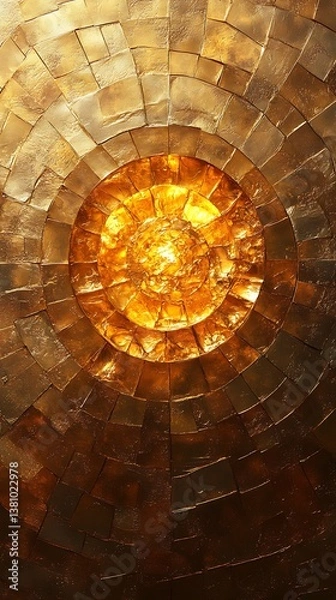 Fototapeta Close-Up of Circular Mosaic Ceiling with Warm Golden Hues and Radiating Patterns