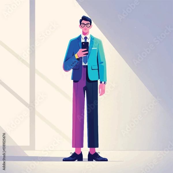 Obraz Stylish Man with Smartphone in Vivid Color Suit, Flat against White Wall
